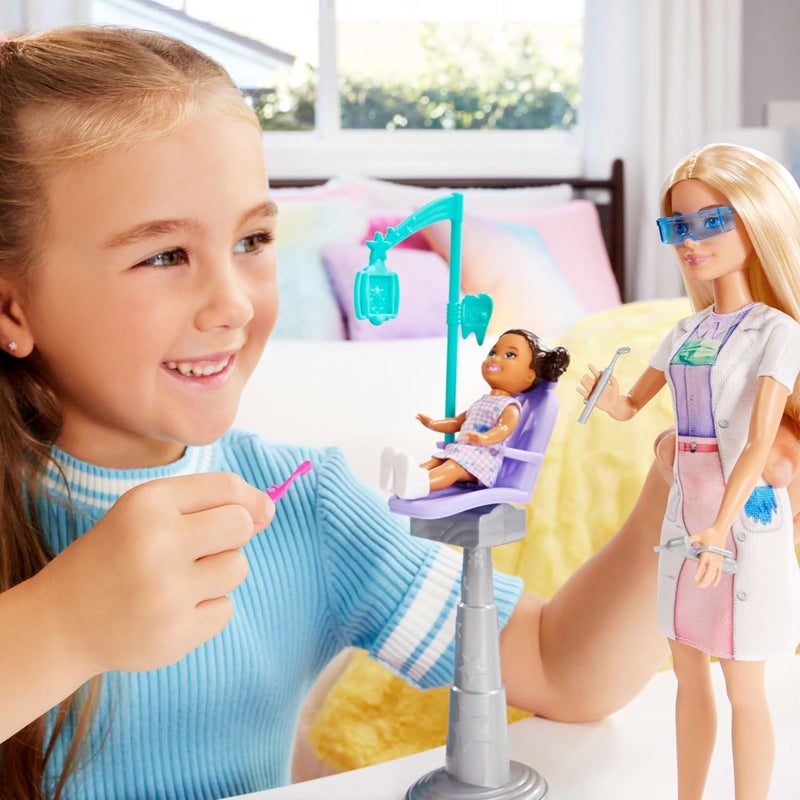 Barbie Kid Dentist Doll with Blonde Fashion Doll, Blue Dress, Lab Coat, Medical Doctor Furniture & Accessories - Image 2